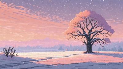 The primary subject of the image is a snow-covered tree. The setting is a snowy field, and the visual style is a digital art or illustration. The dominant colors are white and pink, creating a serene and peaceful atmosphere.